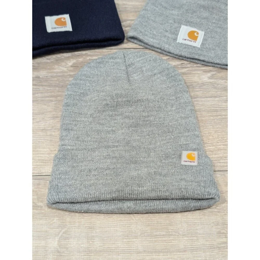 LOT OF 3 Carhartt Grey & Navy Blue Knit Cuffed Beanie Caps One Size Knit